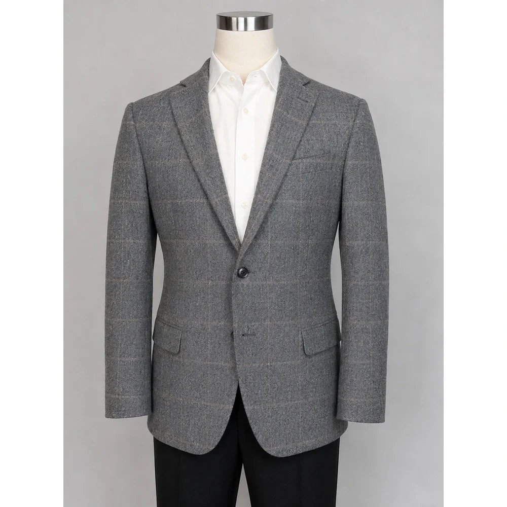 Saks 100% Brushed Cashmere Sport Coat 44-46L Gray Camel Windowpane Plaid